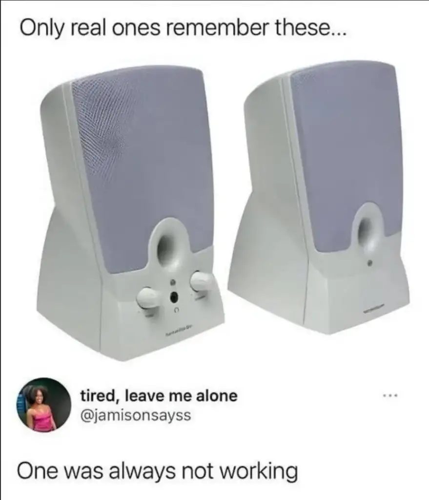 Two vintage computer speakers with one user comment saying, "Only real ones remember these..." and another comment below noting, "One was always not working.