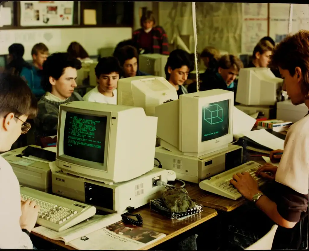 A group of students is seated at desks in a classroom, each working on vintage computers with CRT monitors. Some screens display green text, while others show 3D graphics. The room is filled with focused students and computer equipment.