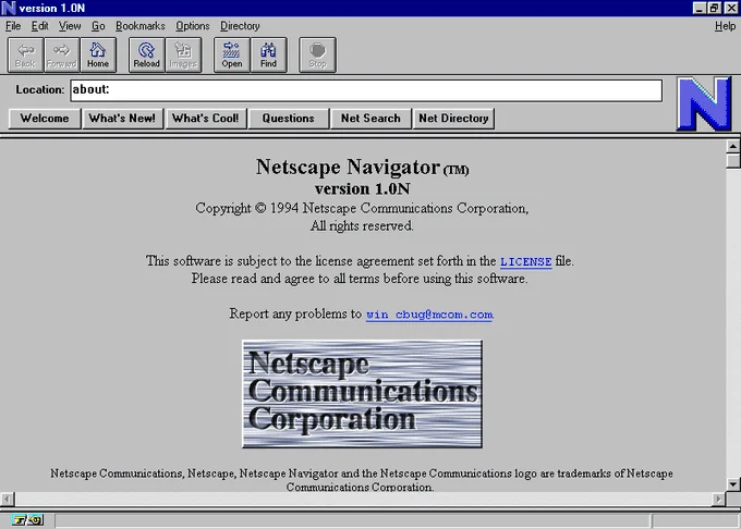 Screenshot of an early Netscape Navigator browser window displaying version 1.0N. The interface includes a basic menu bar, URL bar, and text stating copyright information and a license agreement. The Netscape Communications Corporation logo is visible.