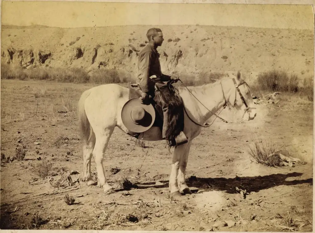 A sepia-toned image of a person in cowboy attire sitting on a white horse in a desert landscape. The cowboy is holding a wide-brimmed hat and facing sideways, with barren terrain and distant hills in the background.