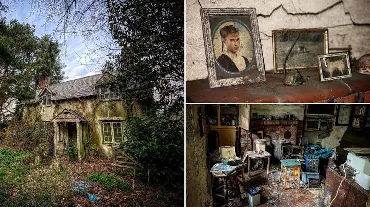 A collage showing an abandoned, ivy-covered house with broken windows. Inside are dusty vintage photographs on a shelf, and a cluttered, decaying room with scattered belongings. Trees and overgrowth surround the exterior.