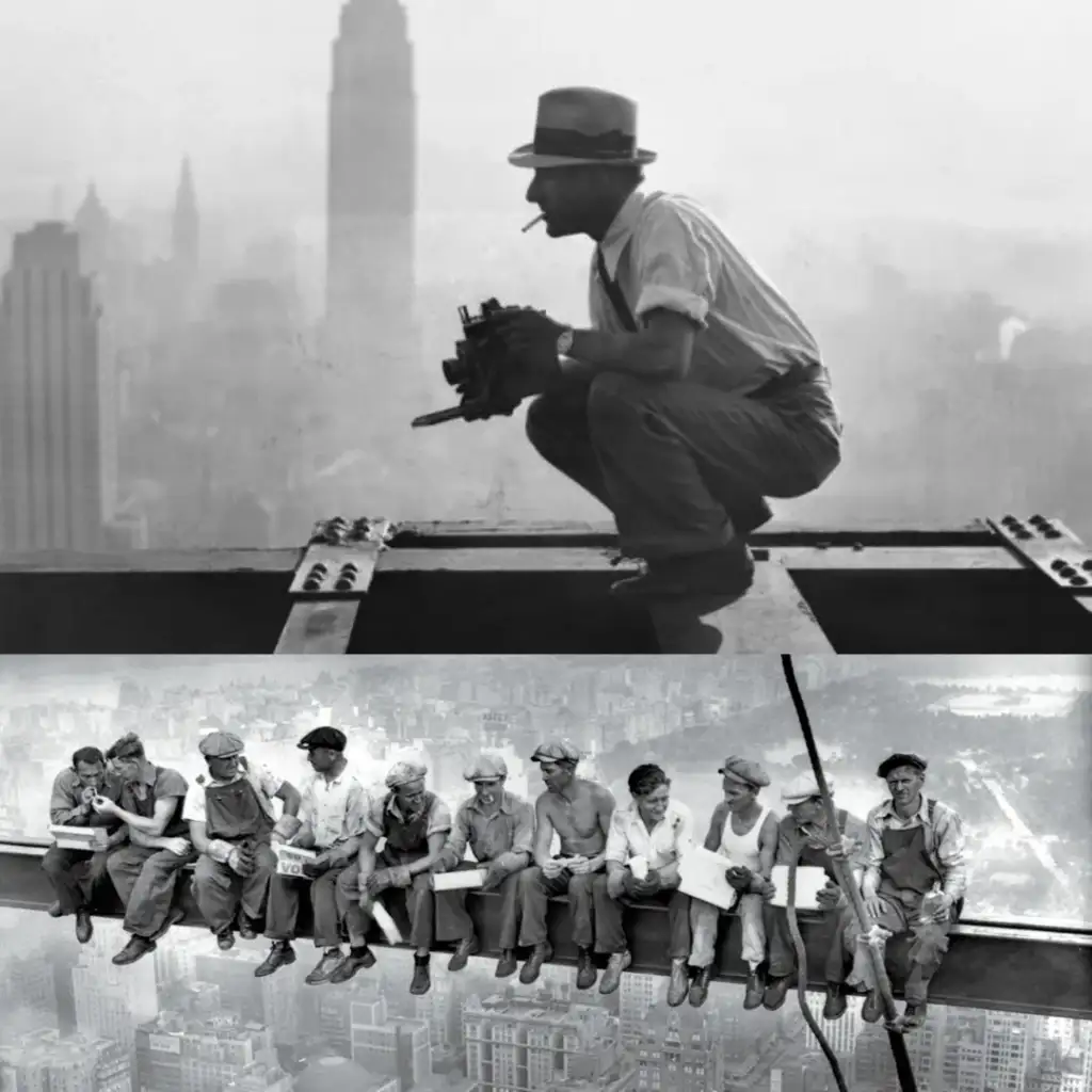 Top: A man in a hat crouches on a steel beam with a camera against a hazy cityscape. Bottom: Eleven construction workers sit on a steel beam high above the city, eating lunch, with buildings below.