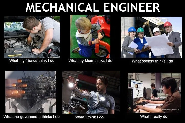 A collage titled "MECHANICAL ENGINEER" with six images. Top row: fixing a car, working on a farm, in a business meeting. Bottom row: launching rockets, wearing a robotic suit, working on a computer. Captions humorously describe perceptions vs. reality.