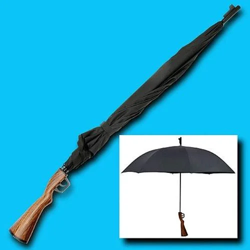 A black umbrella with a handle designed like a rifle stock, shown closed and then open. The handle imitates the wood finish and form of a rifle's grip, contrasting with the umbrella's sleek black canopy.