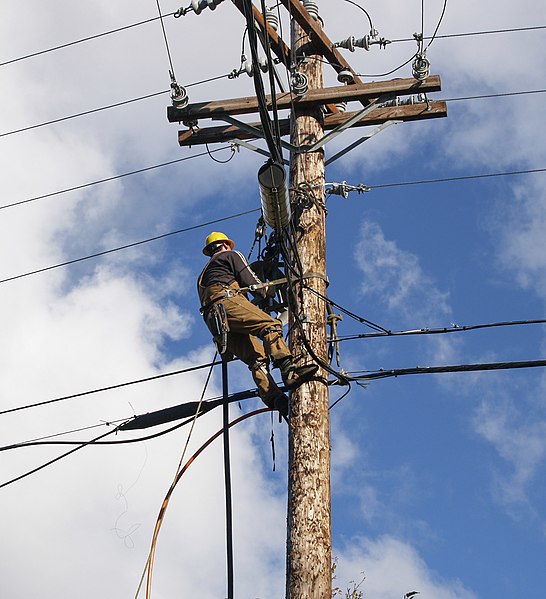 A worker wearing a safety harness and helmet climbs a utility pole. They are surrounded by electric wires against a partly cloudy blue sky.