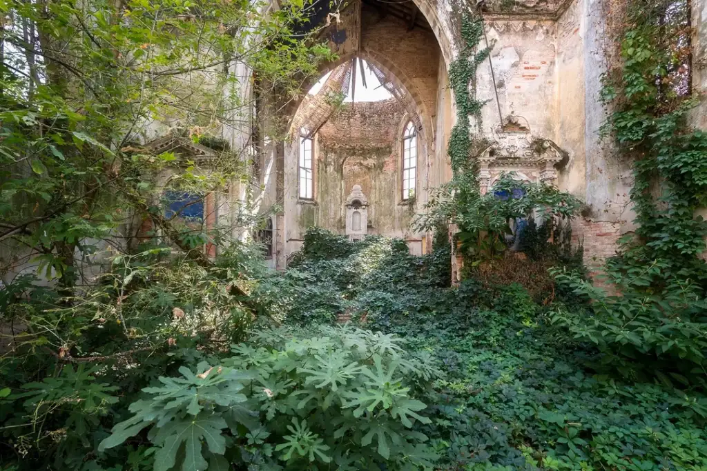 Abandoned church interior overtaken by dense vegetation and greenery, with overgrown plants and vines creeping up the walls and covering the floor. Sunlight filters through the archways, illuminating the rustic, weathered architecture.