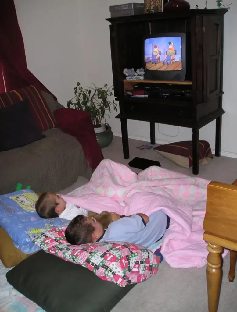 Two children lie on the floor covered with blankets, watching a cartoon on a TV placed in a wooden cabinet. Pillows and a couch with striped cushions are beside them. A potted plant and a maroon curtain are visible in the background.