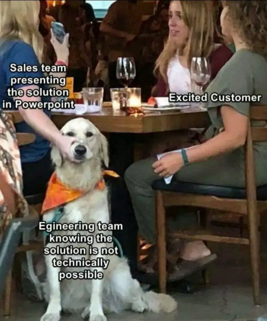 A meme shows a dog with a paw in its mouth sitting near a table. Text labels: "Sales team presenting the solution in PowerPoint" on the dog; "Excited Customer" on people at a table; "Engineering team knowing the solution is not technically possible" on the paw.