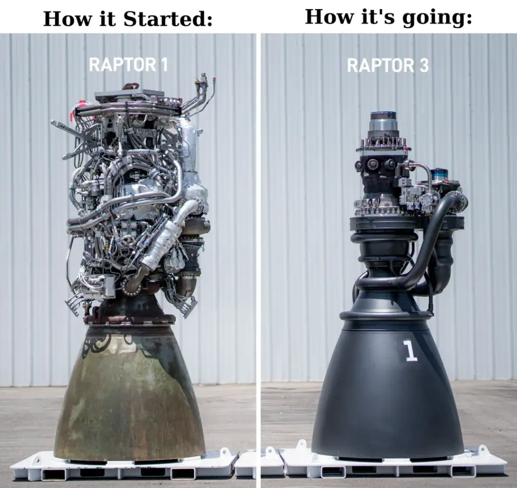 Comparison image of two rocket engines side by side. Left: "Raptor 1" with complex pipework and a metallic finish. Right: "Raptor 3" with a sleeker, more streamlined design in matte black. Text above: "How it Started: How it's going:".