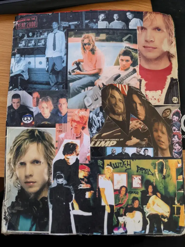 A collage of various magazine cutouts featuring people in different settings and poses. Includes a mix of casual, musical, and artistic themes, with some images having a grunge aesthetic. The background is a wooden surface.