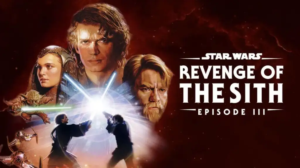 A dramatic "Star Wars: Revenge of the Sith" poster featuring characters and a lightsaber duel. The background is red, with the title and "Episode III" in white text.