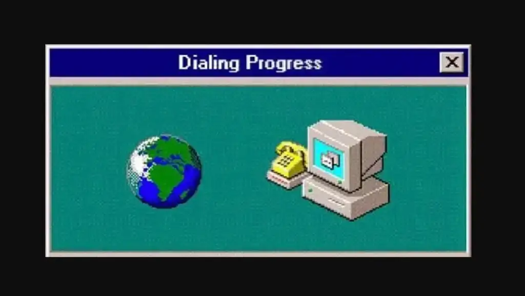 Retro computer graphic showing "Dialing Progress." Features an old-style desktop computer connected by a telephone to a globe, symbolizing internet connectivity. Classic pixel art style on a teal background.