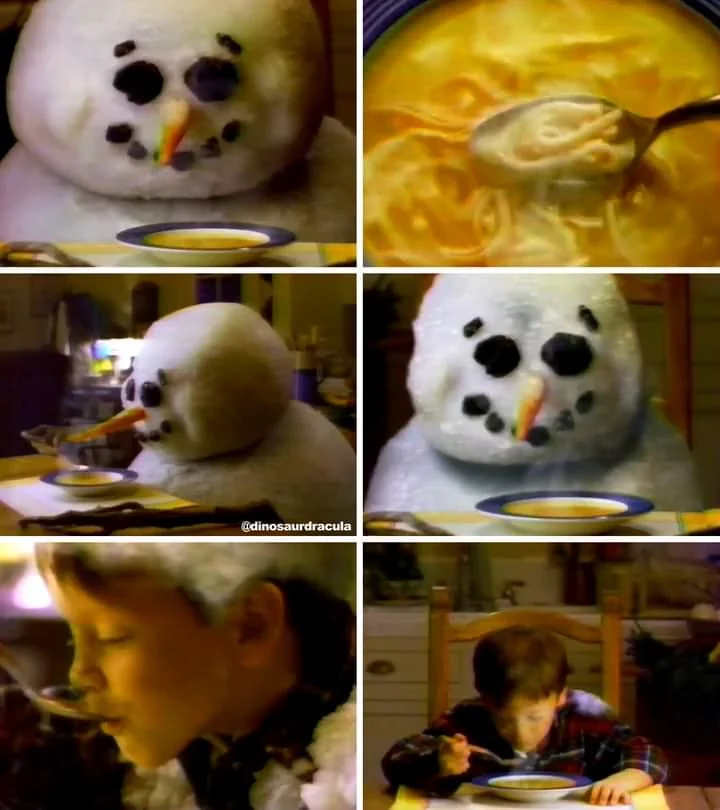 Series of images showing a snowman eating noodle soup. The snowman holds a spoon with a smile, then a child takes a spoonful and enjoys the soup. Warm, cozy kitchen setting with the snowman and the child sharing the meal.