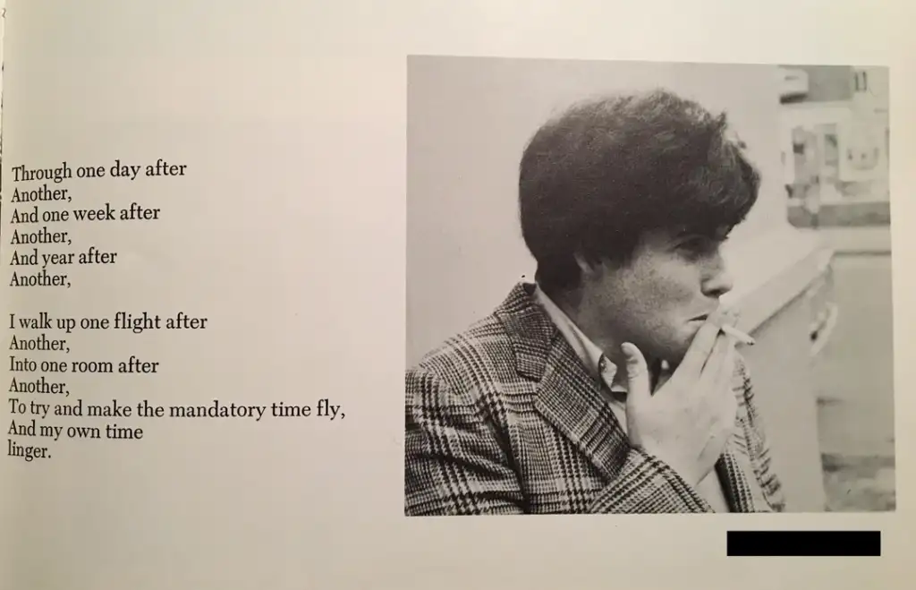 A black and white photo of a person in a plaid jacket smoking a cigarette. The person is deep in thought with a pensive expression. To the left, there is a poem about the passage of time and routine.