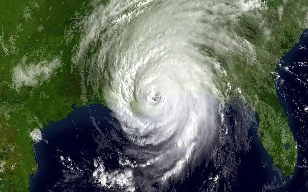 Satellite image of a swirling hurricane over the Gulf of Mexico, with a clear eye at the center. The storm's spiraling cloud bands extend over the southeastern United States, surrounded by dark blue ocean waters and green land.