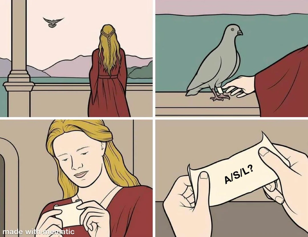 A four-panel comic: A person in a red dress sends a pigeon. The pigeon returns and lands on their hand. The person smiling opens a small note from the pigeon that reads "A/S/L?