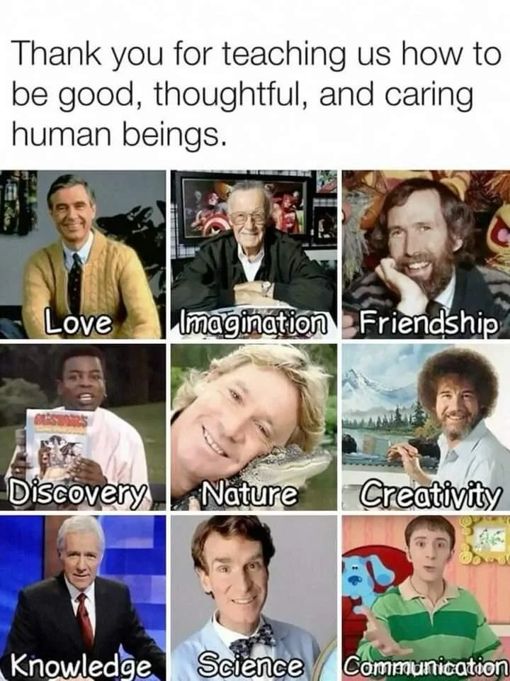 Collage of nine images showing educators and creators with accompanying titles: Love, Imagination, Friendship, Discovery, Nature, Creativity, Knowledge, Science, Communication. Text above reads, "Thank you for teaching us how to be good, thoughtful, and caring human beings.