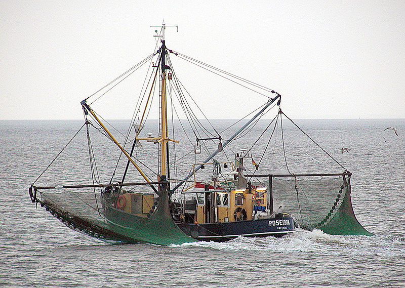 A fishing trawler named "Poseidon" navigates through the ocean. The boat is equipped with large nets and cranes. Several seagulls fly nearby against a cloudy sky.