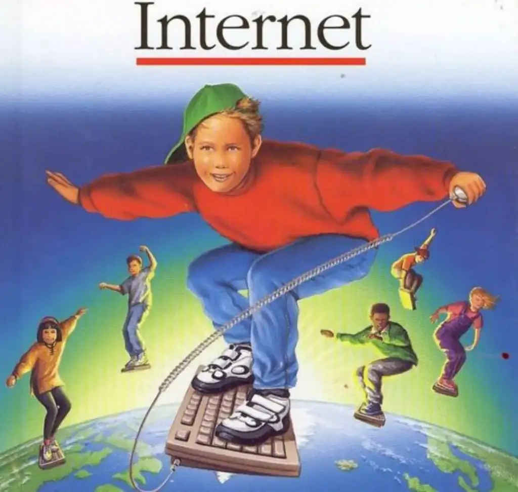 A retro illustration shows a boy in a red shirt and green cap surfing on a keyboard above the Earth. Other kids follow, each on keyboards. They are wearing 90s-style clothing, and the word "Internet" is at the top.