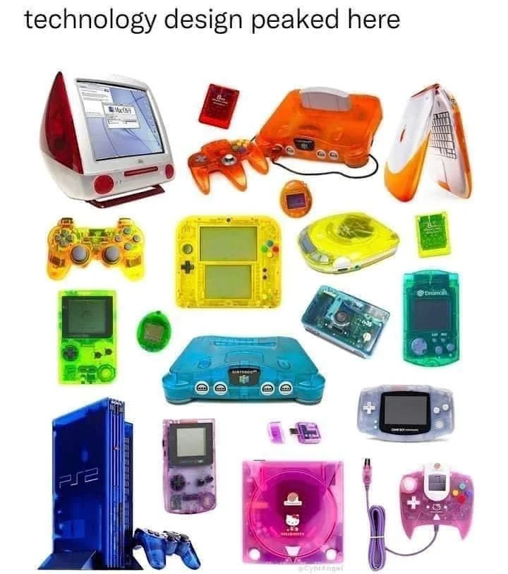 A collection of colorful retro technology gadgets, including a Playstation 2, Nintendo consoles, Game Boys, an iMac, controllers, and cartridges. The items are in various bright, translucent colors. Text at the top says "technology design peaked here".