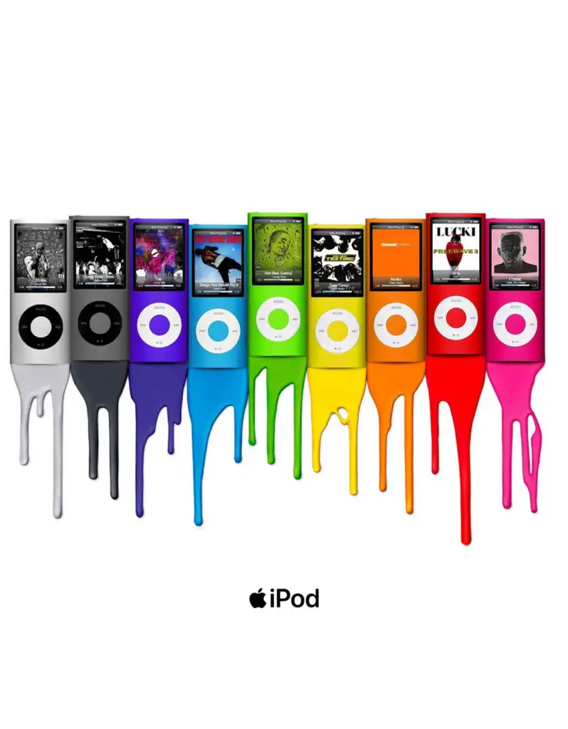 A row of colorful iPods with paint drips downwards. Each iPod displays different album art and is a different color: gray, black, purple, blue, green, yellow, orange, red, pink. The Apple iPod logo is below the devices.