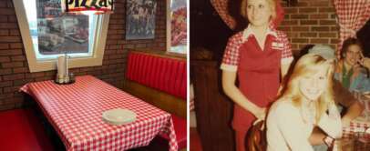 Split image: Left side shows a vintage diner booth with red-checkered tablecloth and a pizza lamp hanging above. Right side has a waitress in a red-checkered uniform, smiling with a seated patron in a cozy, retro setting.