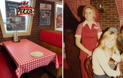 Split image: Left side shows a vintage diner booth with red-checkered tablecloth and a pizza lamp hanging above. Right side has a waitress in a red-checkered uniform, smiling with a seated patron in a cozy, retro setting.