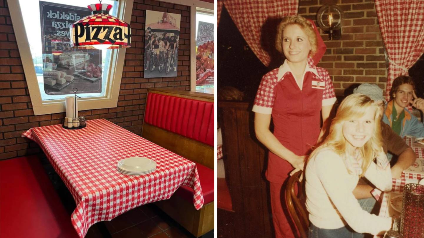 Split image: Left side shows a vintage diner booth with red-checkered tablecloth and a pizza lamp hanging above. Right side has a waitress in a red-checkered uniform, smiling with a seated patron in a cozy, retro setting.