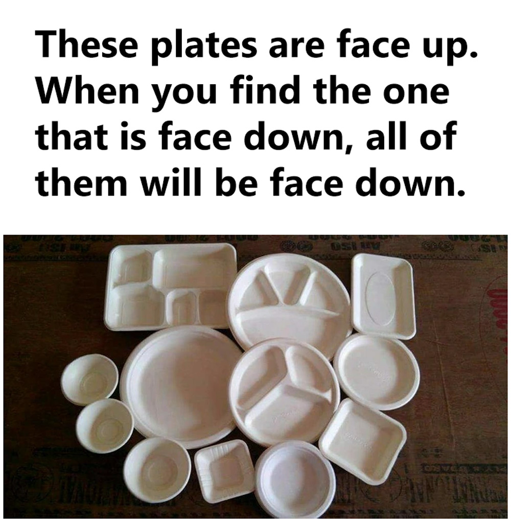 A collection of various white plates and containers are arranged on a surface. Text above reads: "These plates are face up. When you find the one that is face down, all of them will be face down.