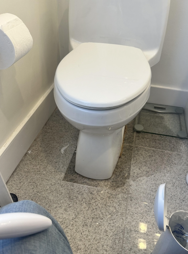 A white toilet with the lid closed is positioned against a white wall on a gray speckled tile floor. A roll of toilet paper is on the holder to the left, and a trash can is partially visible in the bottom right corner.