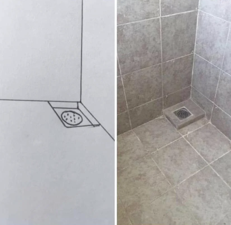 A split image showing a drawing of a shower corner with a round drain on the left, and a real shower corner with a square drain installed on the right. Both sides have similar tile patterns.