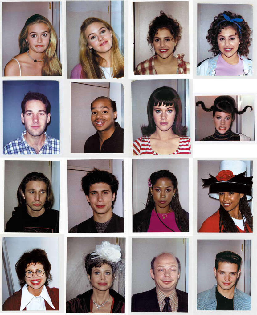 A collage of sixteen headshots featuring a diverse group of men and women with varied hairstyles and expressions. Some wear casual clothing, while others have more theatrical costumes and accessories. Each image has a neutral background.