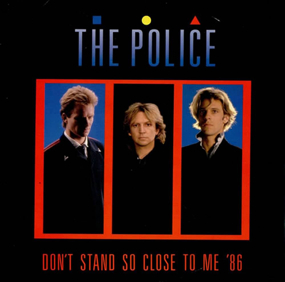 Three men are each framed in separate rectangular red borders against a blue backdrop. The text above reads "The Police," with shapes above it, and below it says "Don't Stand So Close to Me '86" in red lettering.