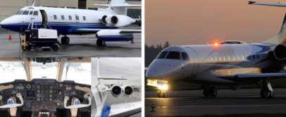 Collage of four images: a white and blue private jet on a tarmac in front of a hangar, a cockpit with numerous controls and seats, a close-up of jet engines, and a private jet taxiing at dusk with lights on.