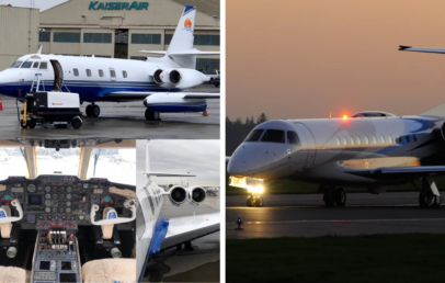 Collage of four images: a white and blue private jet on a tarmac in front of a hangar, a cockpit with numerous controls and seats, a close-up of jet engines, and a private jet taxiing at dusk with lights on.