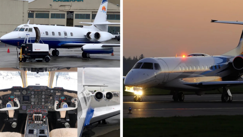 Collage of four images: a white and blue private jet on a tarmac in front of a hangar, a cockpit with numerous controls and seats, a close-up of jet engines, and a private jet taxiing at dusk with lights on.