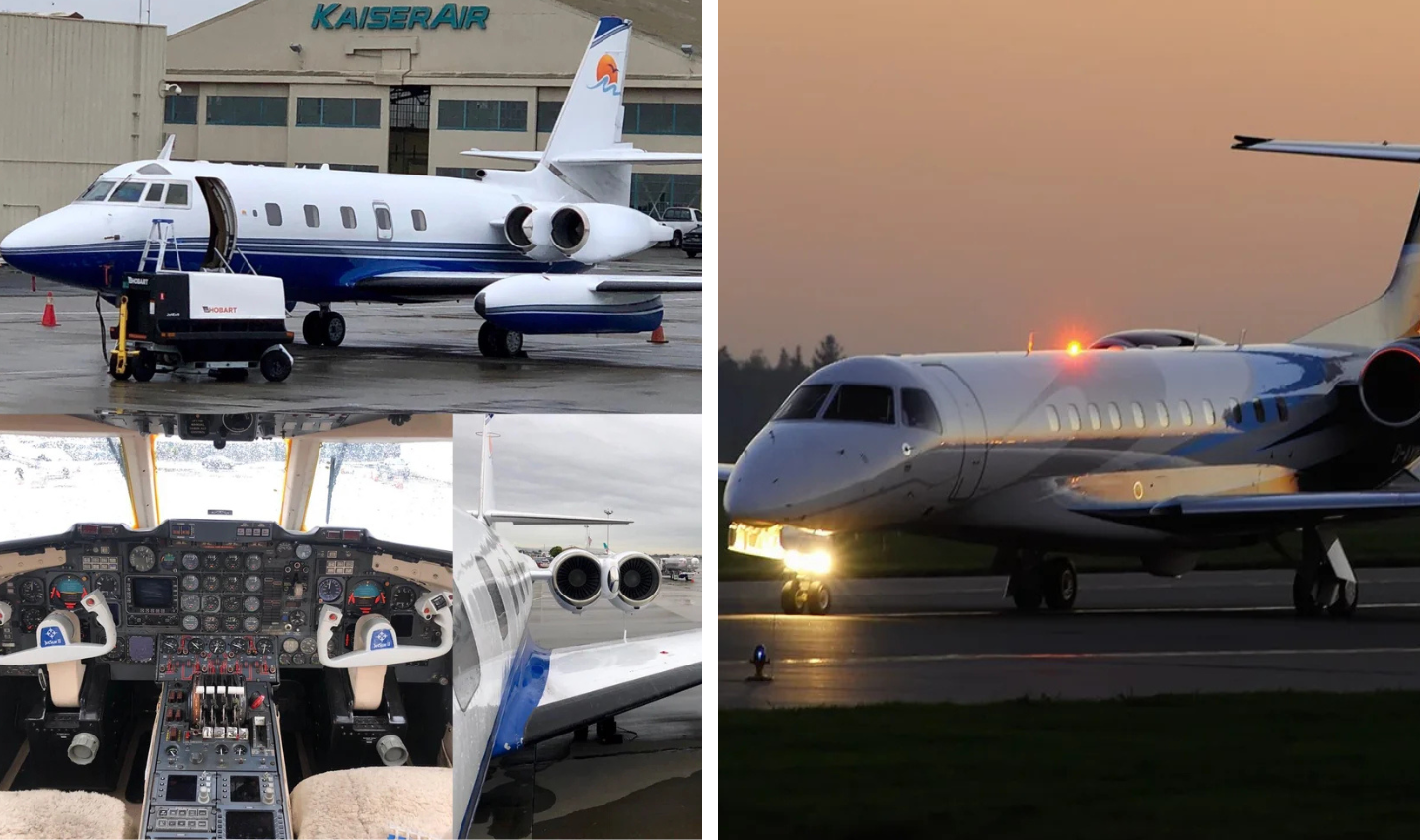 Collage of four images: a white and blue private jet on a tarmac in front of a hangar, a cockpit with numerous controls and seats, a close-up of jet engines, and a private jet taxiing at dusk with lights on.