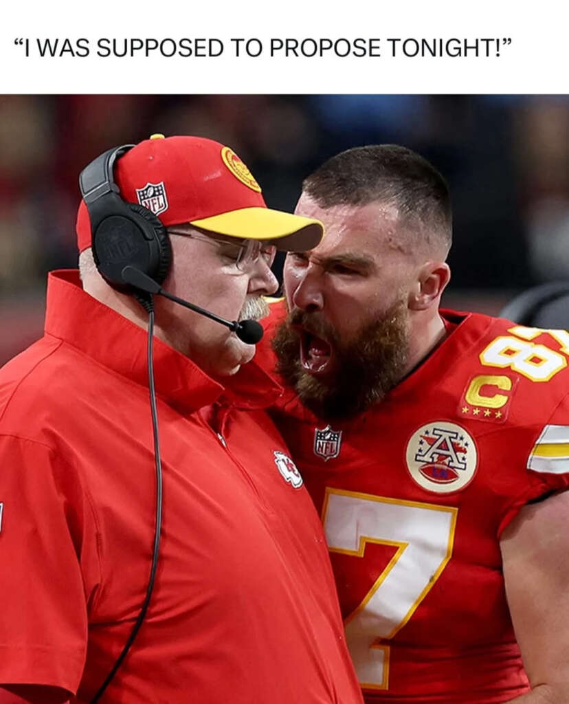 A football player in a red uniform is animatedly speaking to a coach wearing a headset and red cap. The caption above reads, "I WAS SUPPOSED TO PROPOSE TONIGHT!