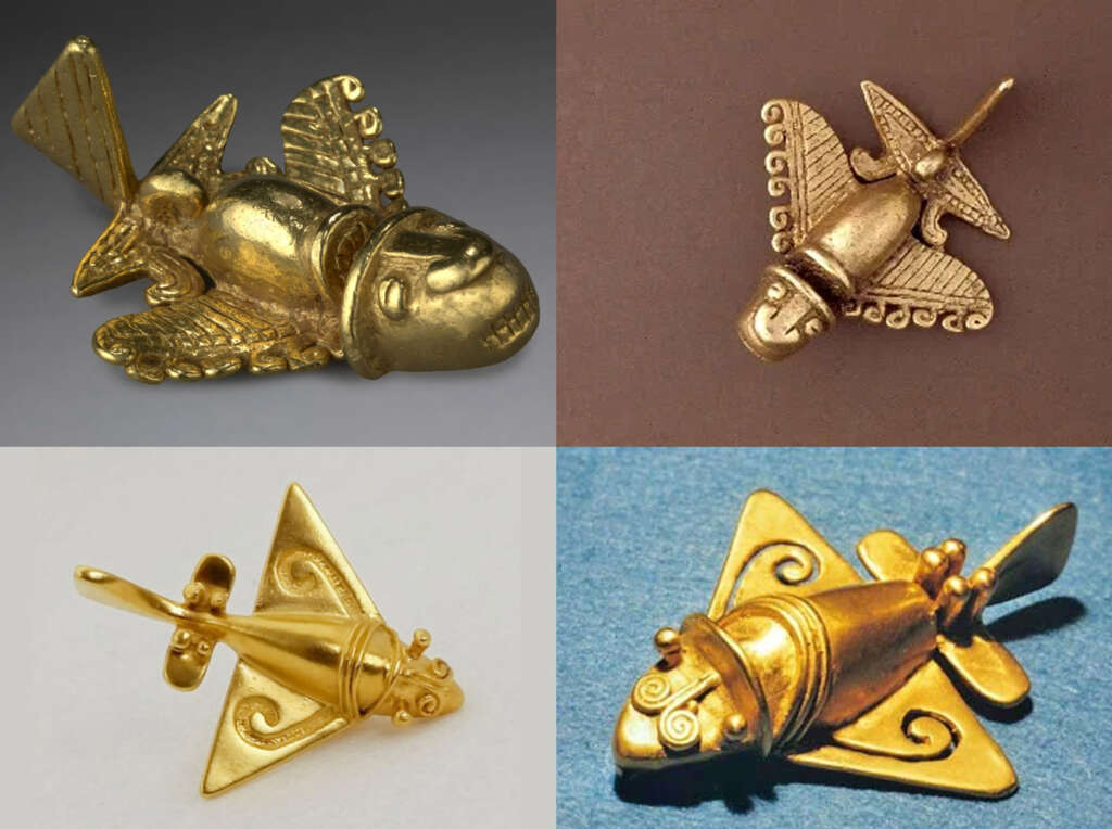 Four golden artifacts resembling flying machines with intricate designs, each featuring wings and tail fins, displayed from various angles.