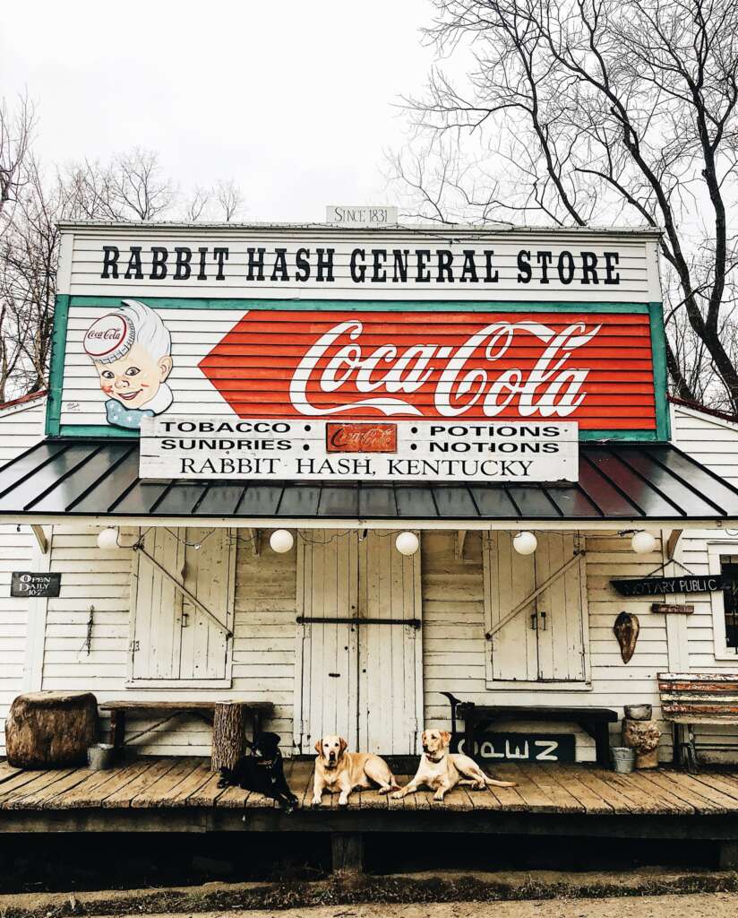 Front view of the Rabbit Hash General Store in Kentucky, featuring a vintage Coca-Cola sign. Two dogs sit on the wooden porch. The building is rustic with signs advertising tobacco, potions, and sundries. Leafless trees are visible in the background.