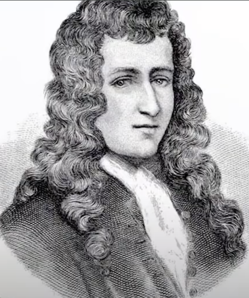 Sepia-toned portrait of a historical figure with long, curly hair. The individual is dressed in attire typical of the 17th or 18th century, featuring a high-collared shirt and coat. The expression is neutral, gazing slightly to the side.