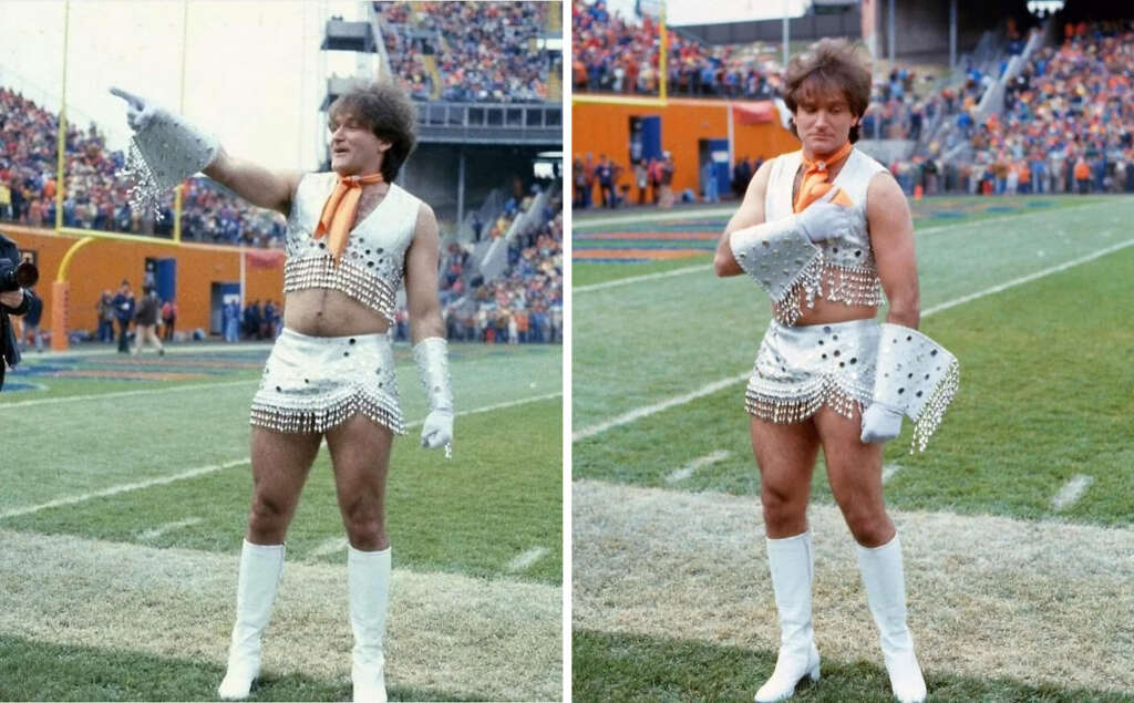 Two images of a person on a football field wearing a sparkling costume with fringe, white boots, gloves, and an orange scarf. In the first image, they point outward; in the second, they gesture towards themselves. A crowd fills the stadium.