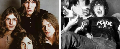 Split image: Left shows four men with long hair in a formal portrait. Right depicts a casual scene with four men; one is wearing a shirt with bold graphics while another makes a playful expression, extending his arm toward the camera.