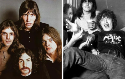 Split image: Left shows four men with long hair in a formal portrait. Right depicts a casual scene with four men; one is wearing a shirt with bold graphics while another makes a playful expression, extending his arm toward the camera.