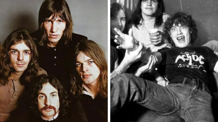 Split image: Left shows four men with long hair in a formal portrait. Right depicts a casual scene with four men; one is wearing a shirt with bold graphics while another makes a playful expression, extending his arm toward the camera.