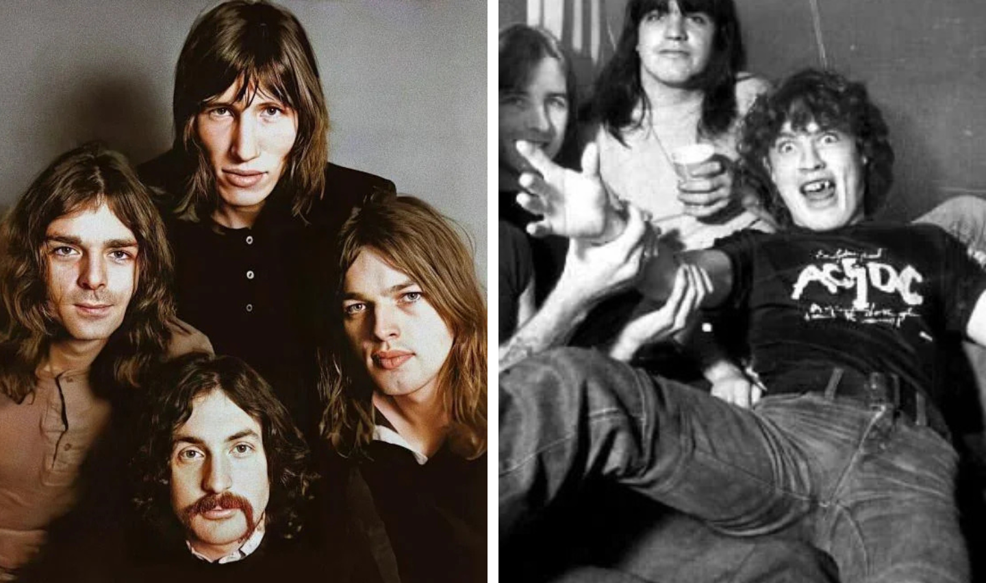 Split image: Left shows four men with long hair in a formal portrait. Right depicts a casual scene with four men; one is wearing a shirt with bold graphics while another makes a playful expression, extending his arm toward the camera.