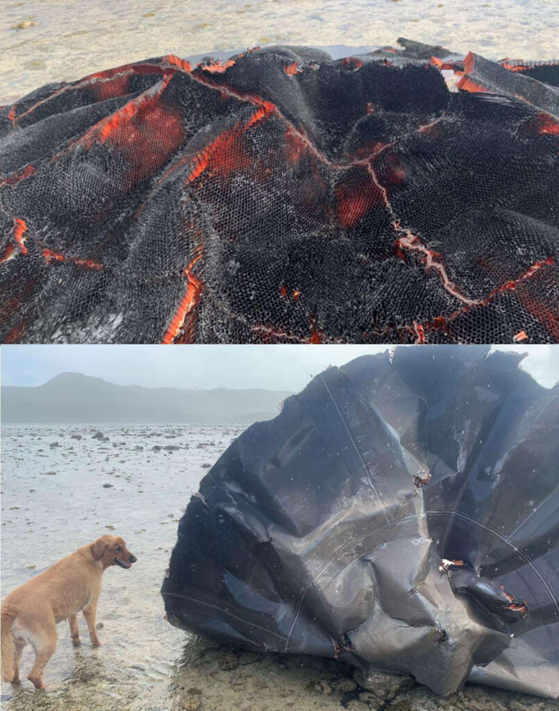 Top image: Close-up of a large, partially burnt object with charred surfaces on a beach. Bottom image: A dog stands near the same large, crumpled object on the beach, with mountains visible in the distance.