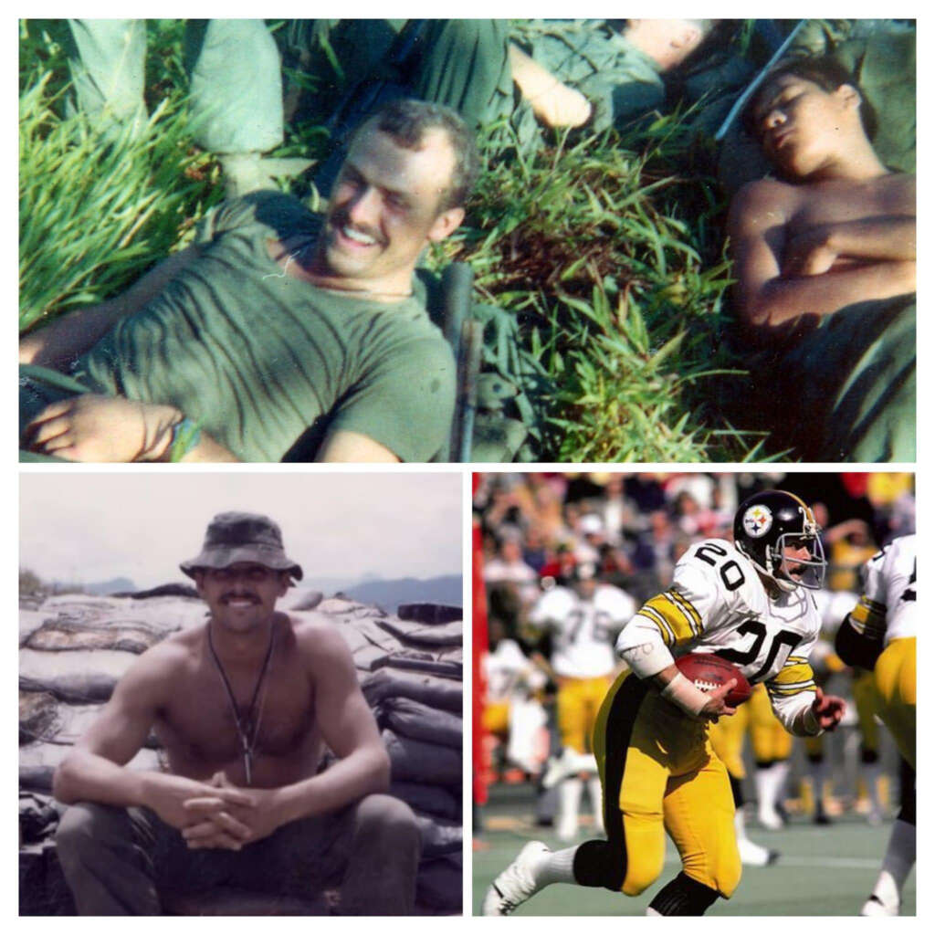 A collage of three images: Top shows soldiers resting on grass; Bottom left shows a shirtless man in a hat sitting outdoors; Bottom right shows a football player in a yellow and black uniform during a game.