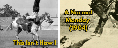 Left image: A person performing a handstand on a horse. Right image: A person lying on the ground with a horse nearby. Text reads: "This Isn't How I Planned It" and "A Normal Monday (1904).