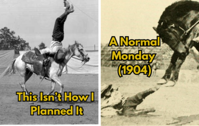 Left image: A person performing a handstand on a horse. Right image: A person lying on the ground with a horse nearby. Text reads: "This Isn't How I Planned It" and "A Normal Monday (1904).